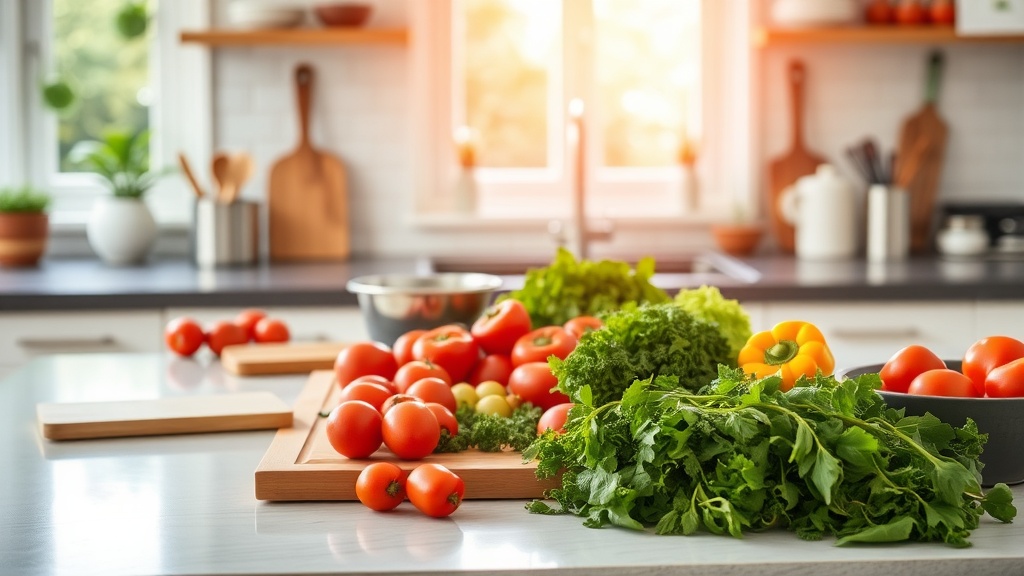 A clean kitchen counter with fresh ingredients for meal prep