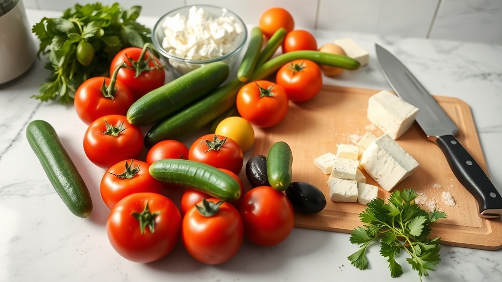 Organized kitchen prep area with fresh Greek ingredients