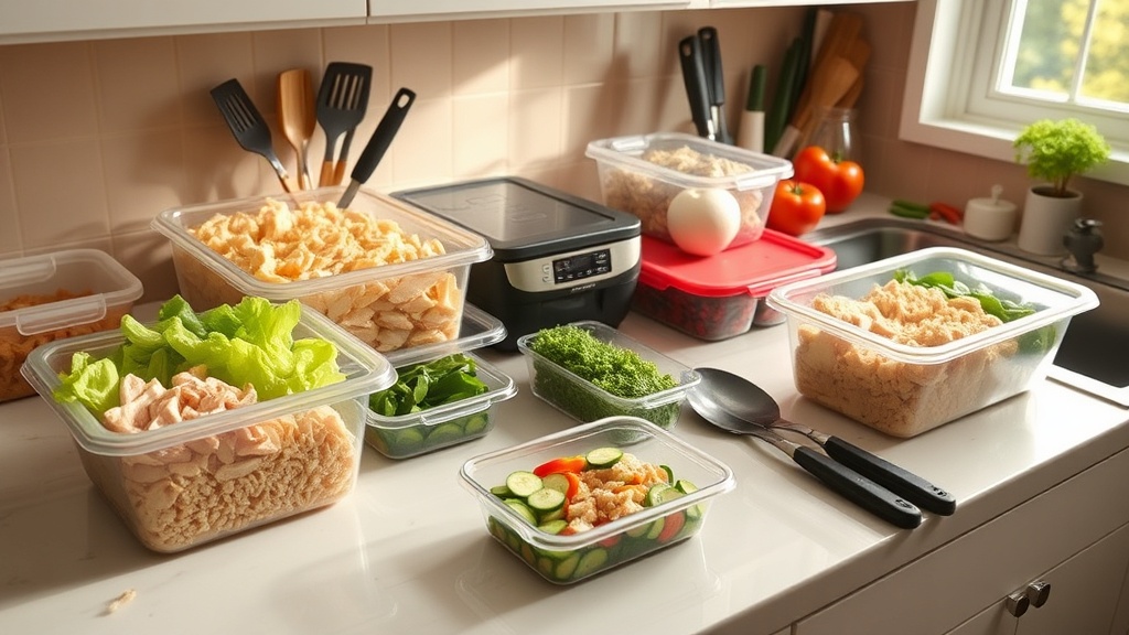 Organized kitchen prep area with shredded chicken and fresh ingredients