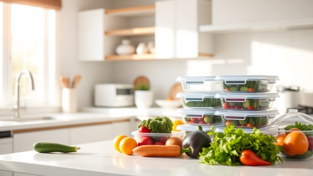 Modern kitchen with organized meal prep ingredients