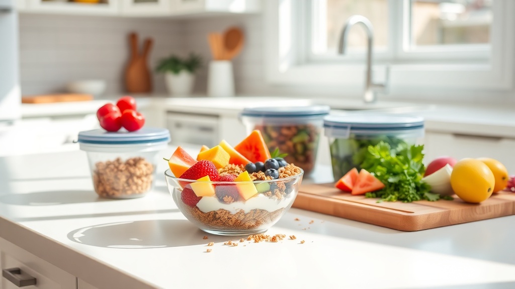 A vibrant breakfast bowl on a clean kitchen countertop