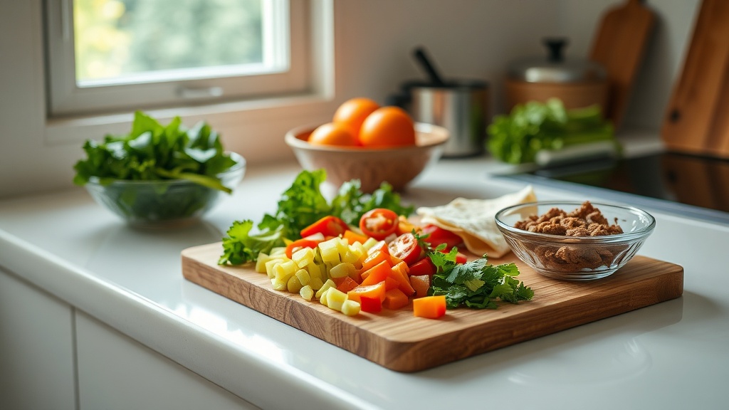 Colorful ingredients for taco meal prep on a kitchen countertop