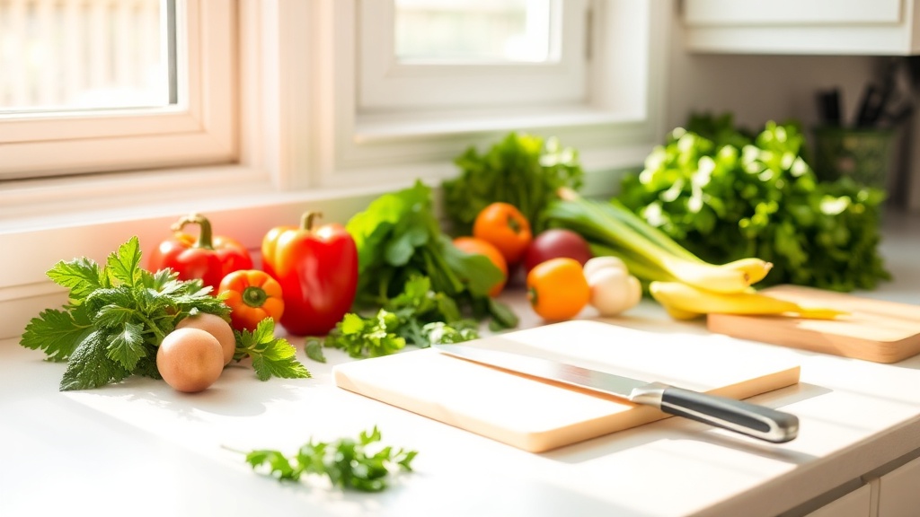 Bright kitchen with fresh ingredients for meal prep