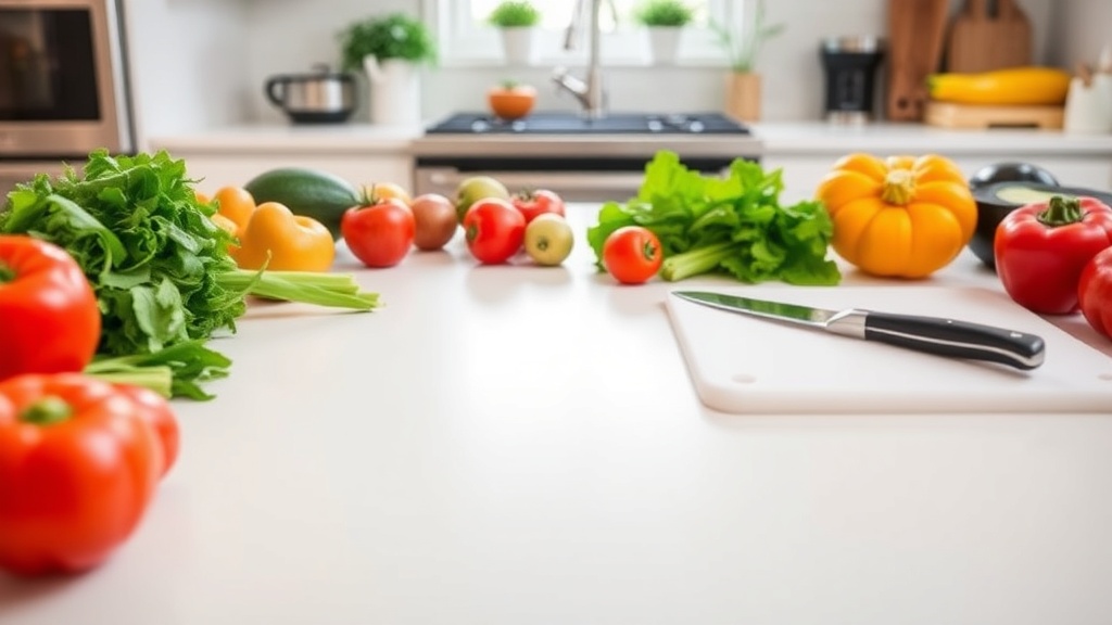 Clean kitchen prep area with fresh vegetables and tools