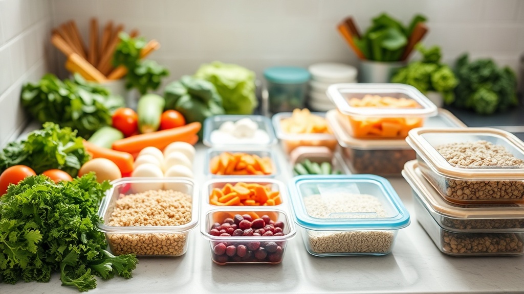 Organized kitchen countertop with fresh ingredients for meal prep