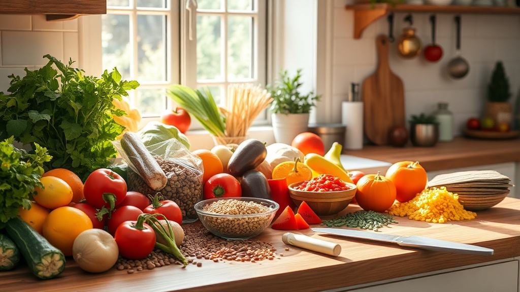 Bright kitchen with fresh vegetables and meal prep tools