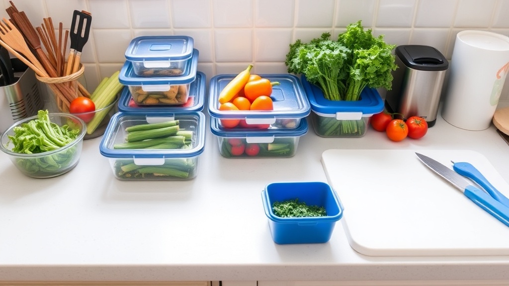 Organized kitchen countertop with fresh ingredients for meal prep
