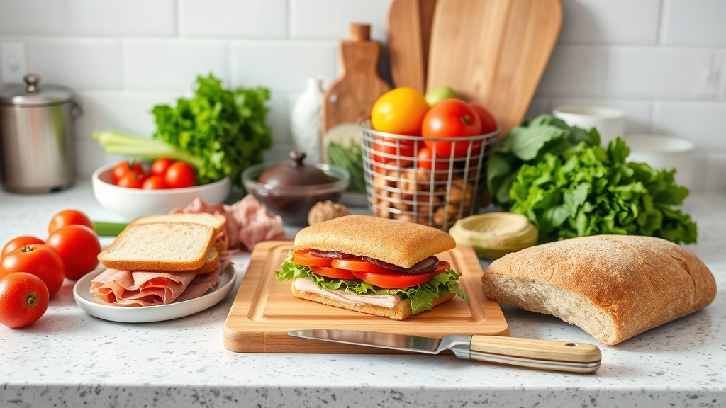 Organized kitchen countertop with fresh ingredients for sandwich making