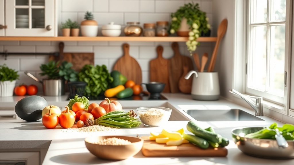 Bright kitchen with organized meal prep ingredients