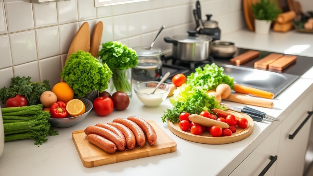 Organized kitchen countertop with fresh ingredients for meal prep