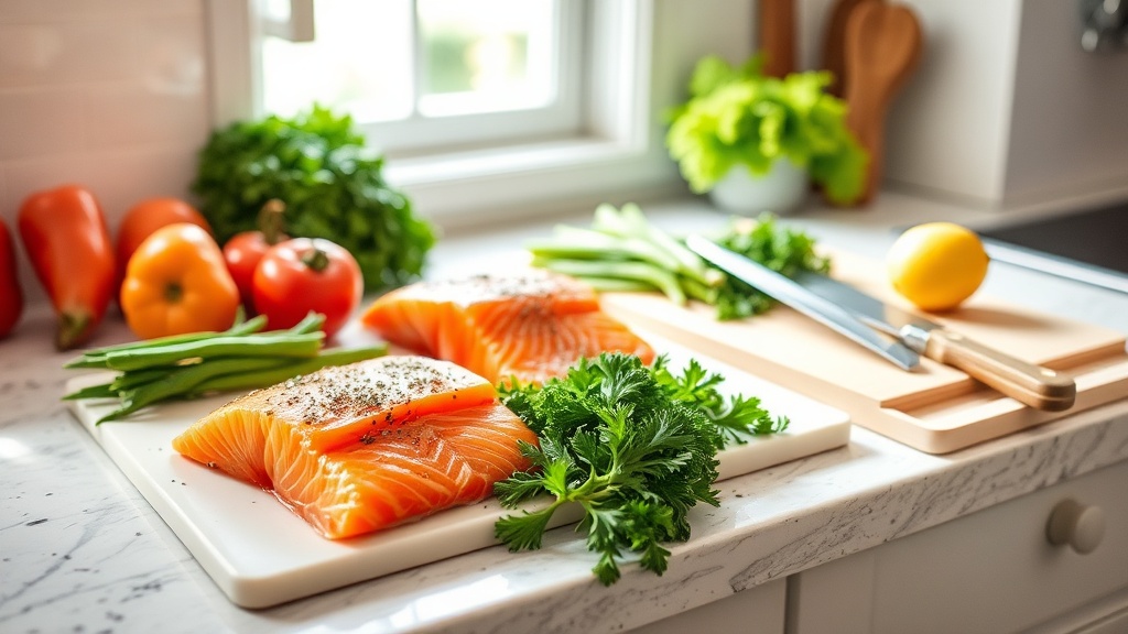 Fresh salmon and vegetables on a clean kitchen countertop