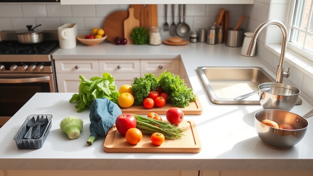 Organized kitchen prep area with fresh ingredients