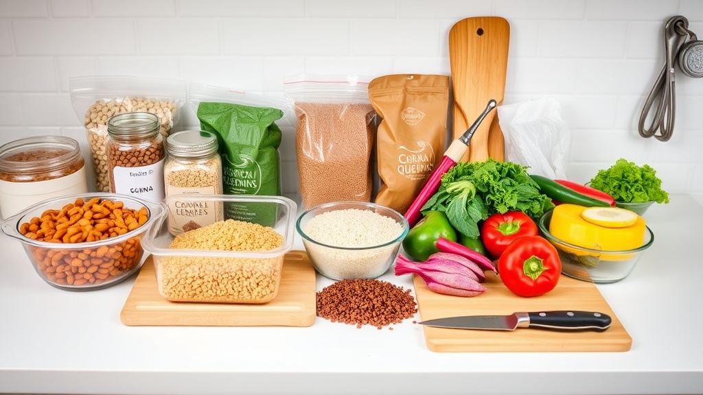 Organized kitchen countertop with high-protein vegetarian ingredients for meal prep