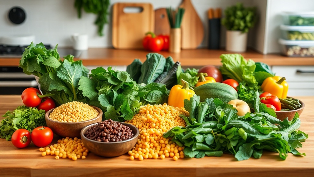 Vibrant kitchen scene with colorful vegan meal prep ingredients