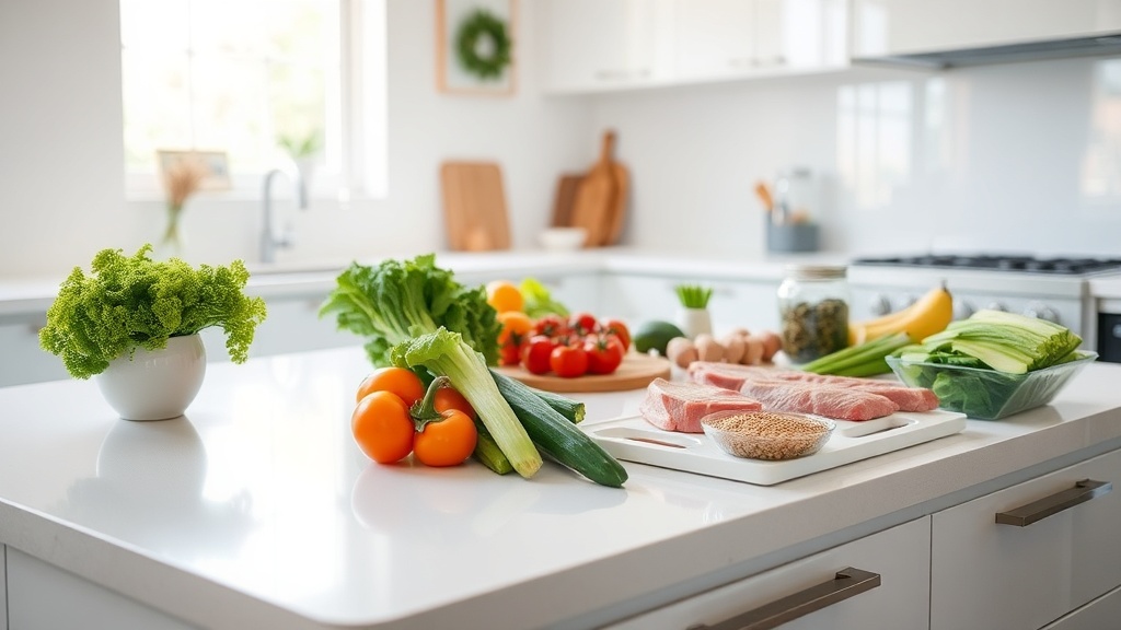 Modern kitchen with organized meal prep area and fresh ingredients