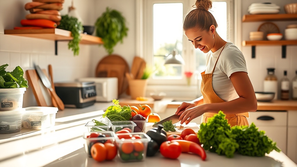 A person meal prepping in a bright kitchen with fresh ingredients.