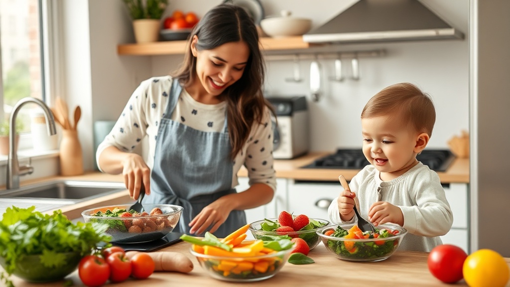 Parent preparing meals in a bright kitchen with a toddler playing nearby