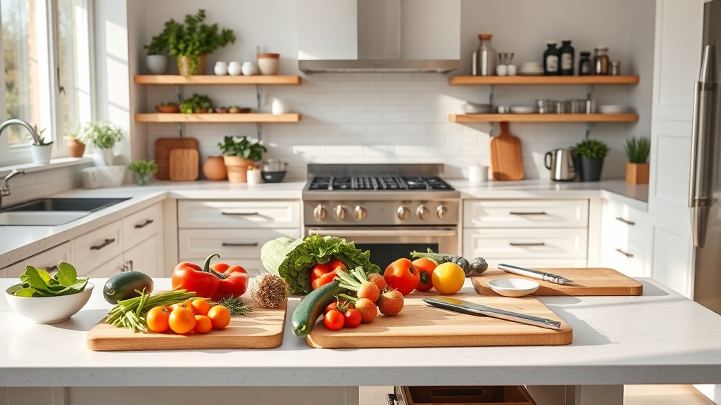 Modern kitchen prep table with fresh ingredients and organized utensils