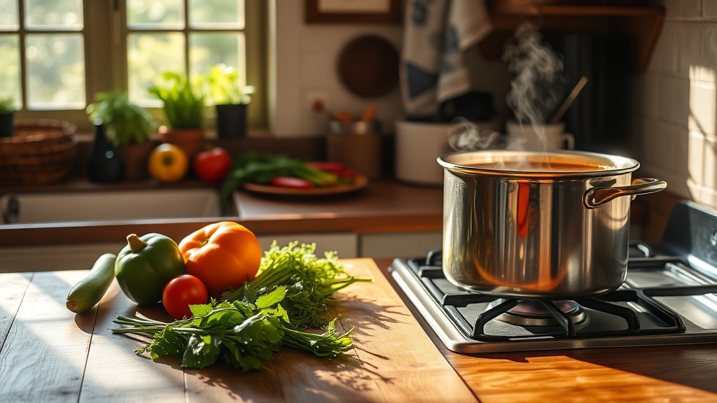 Cozy kitchen with soup pot and fresh vegetables