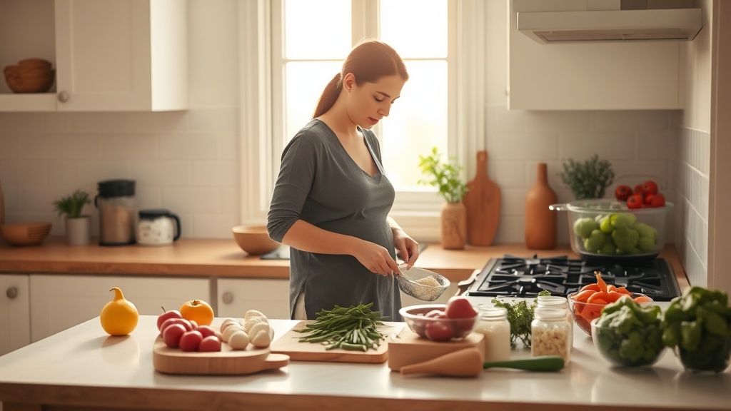 New parent preparing a meal in a serene kitchen
