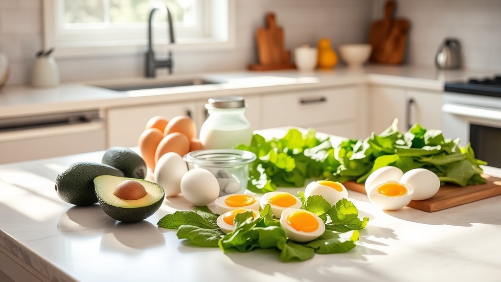 A clean kitchen prep surface with keto breakfast ingredients