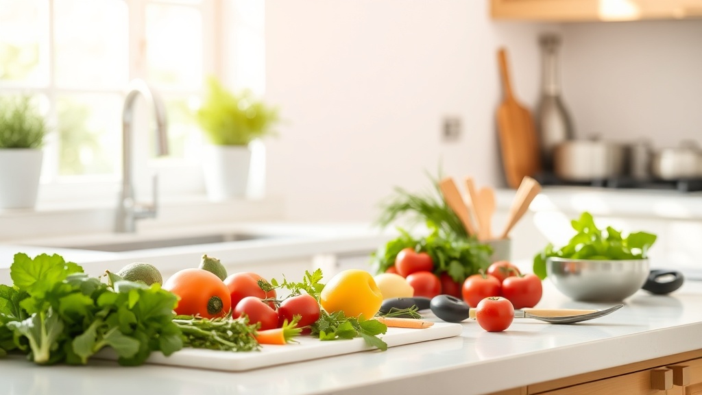 Bright kitchen with organized prep surface and fresh ingredients