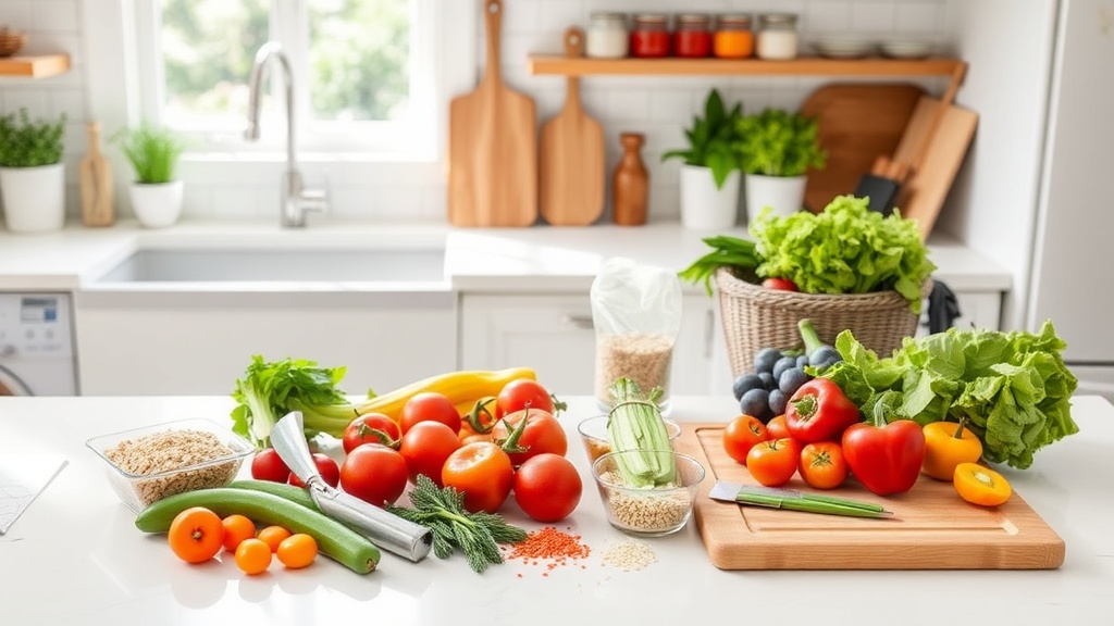 Organized kitchen countertop with fresh ingredients for meal prep