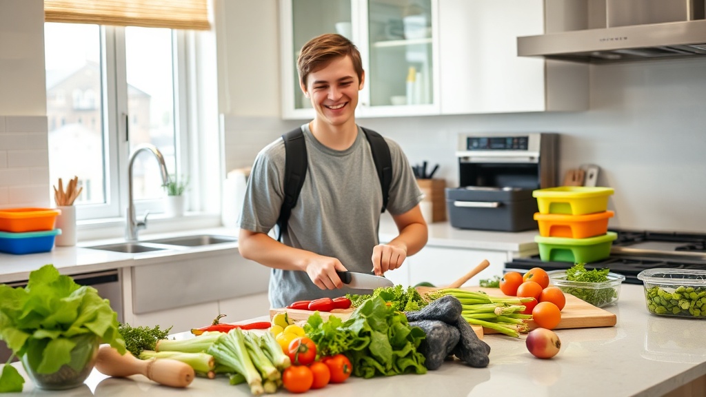 College student preparing a healthy meal in a modern kitchen