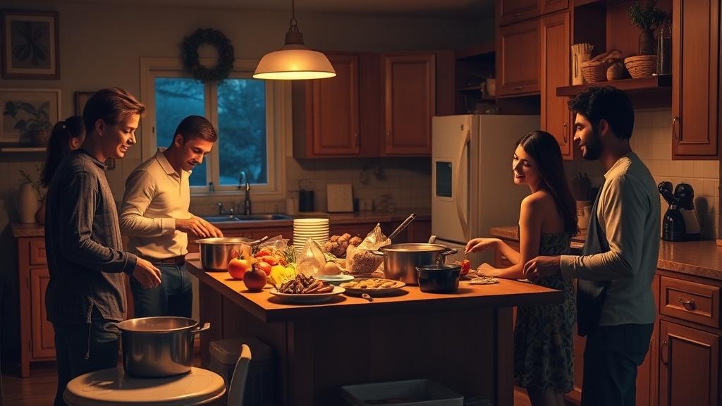 Family cooking together in a cozy kitchen during a busy evening