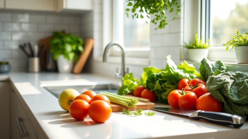 Organized kitchen countertop with fresh vegetables and a cutting board