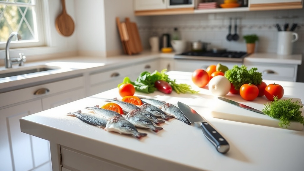 A clean kitchen prep area with fresh fish and vegetables ready for meal preparation.