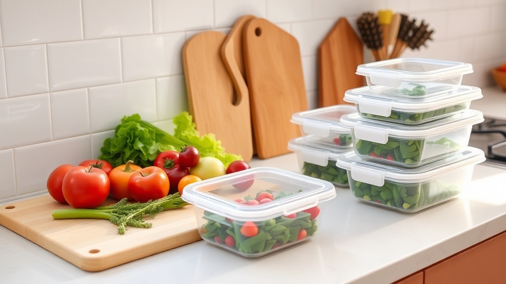 Organized kitchen countertop with fresh ingredients for meal prep