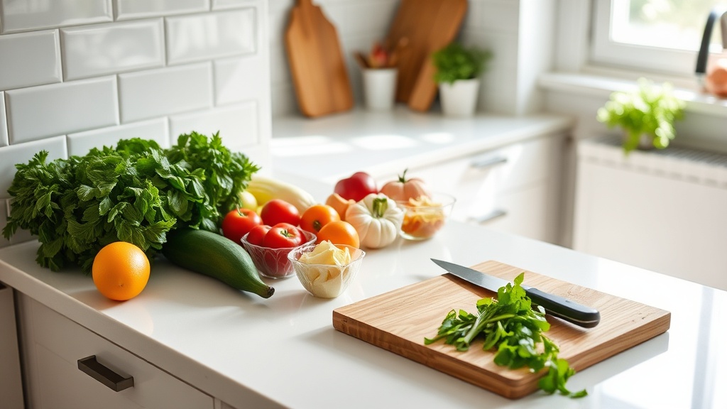 Organized kitchen countertop with fresh ingredients for meal prep