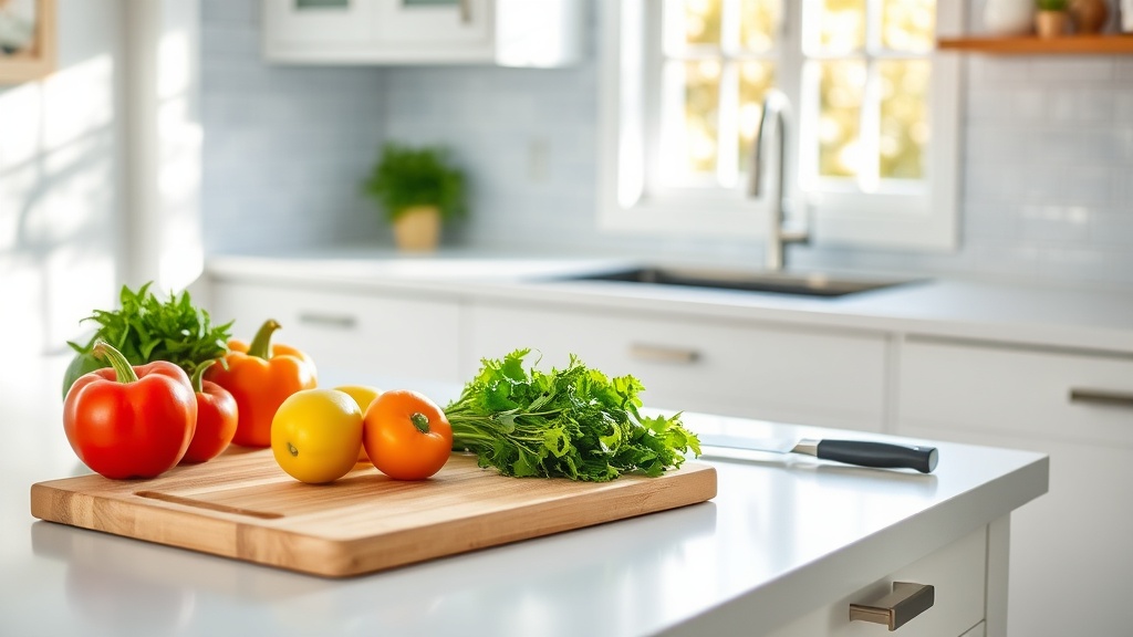 Bright kitchen with fresh vegetables on a clean prep surface