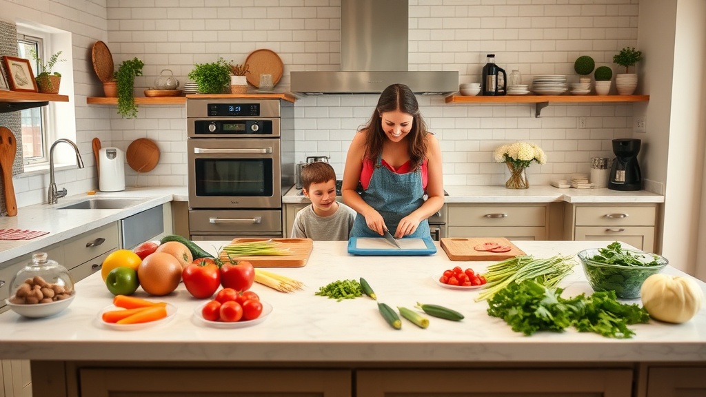 A well-organized kitchen with a family member preparing ingredients for meal prep