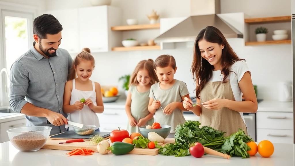 Family cooking together in a bright, organized kitchen