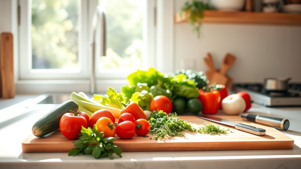 Organized kitchen countertop with fresh ingredients for meal prep