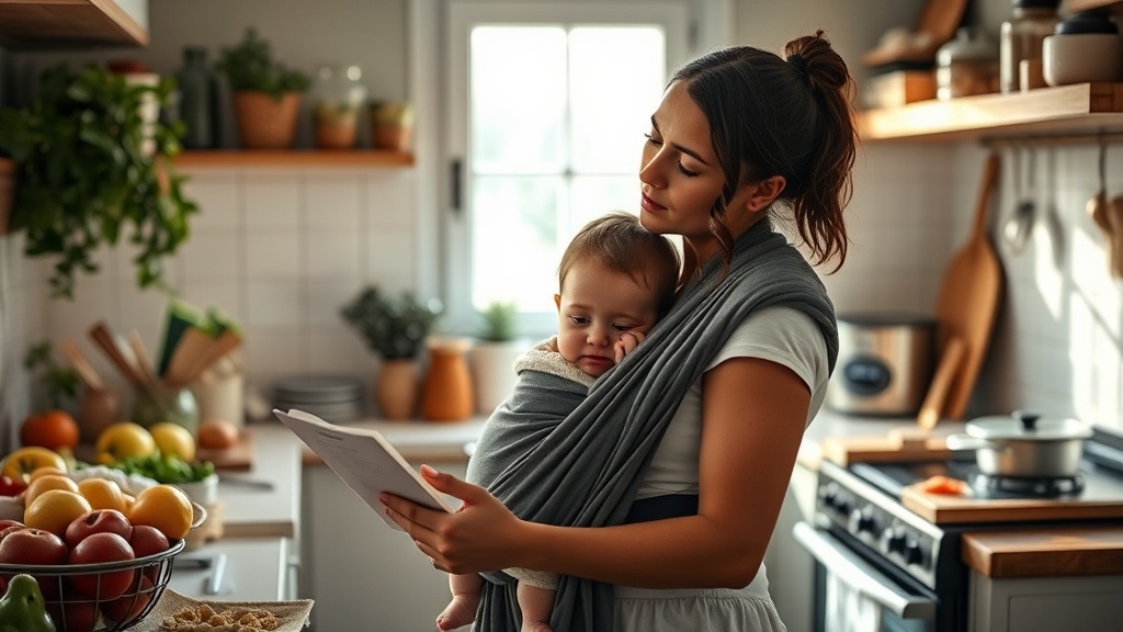 New mother in a cozy kitchen contemplating meal prep