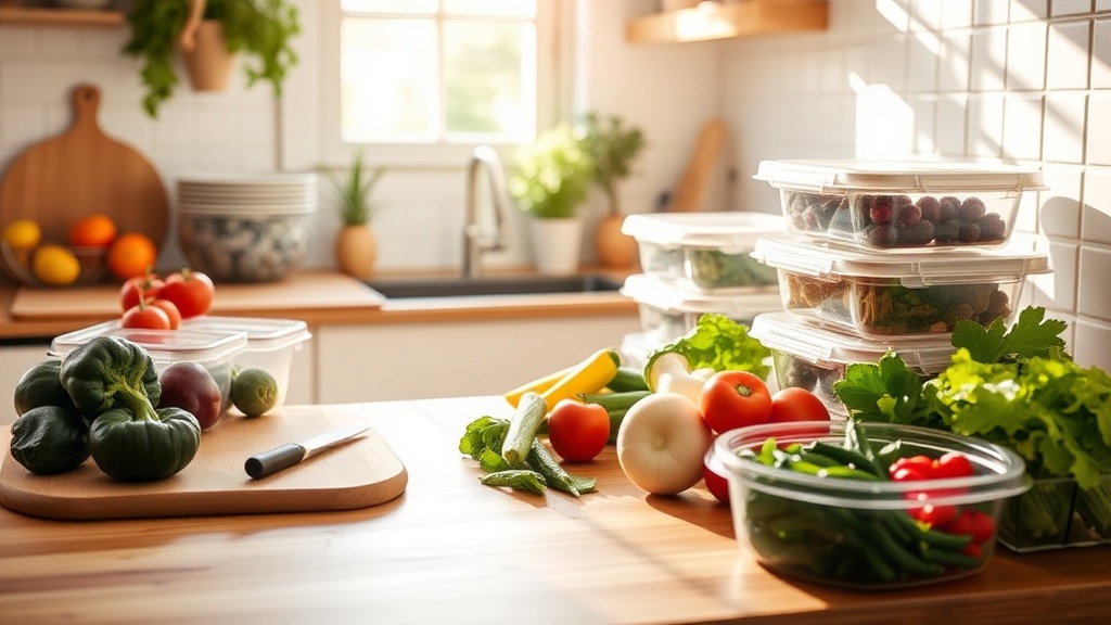 A bright kitchen with fresh vegetables and meal prep containers on a wooden countertop