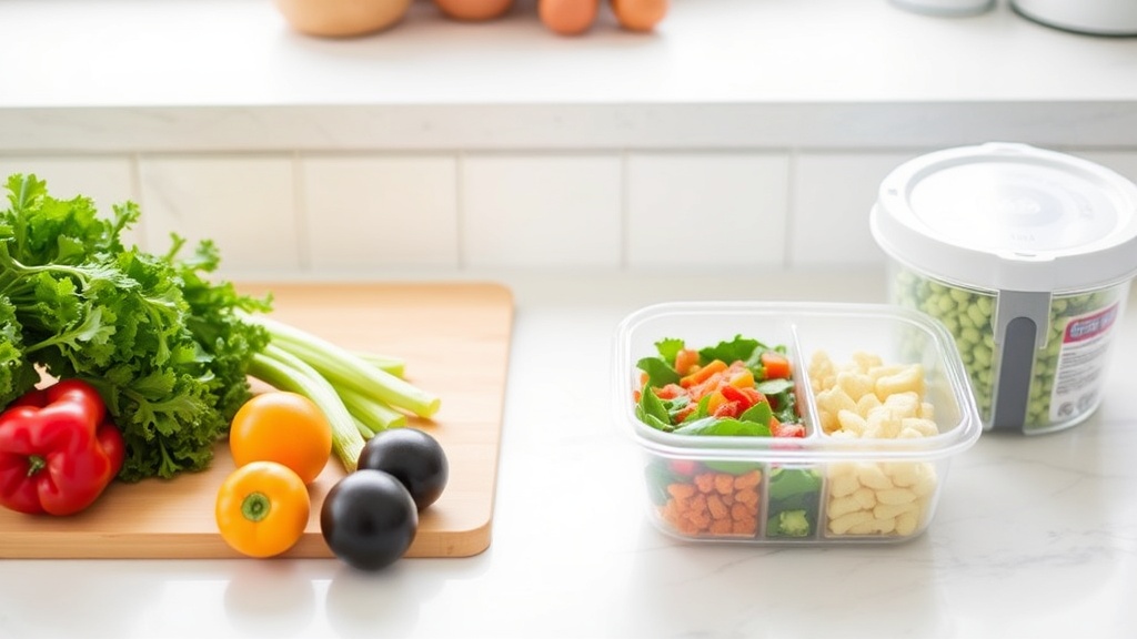 Organized kitchen countertop with meal prep ingredients