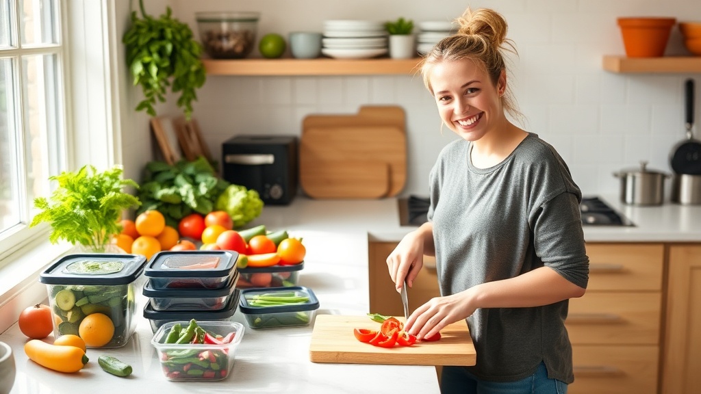 A person enjoying meal prep in a bright kitchen with fresh ingredients.