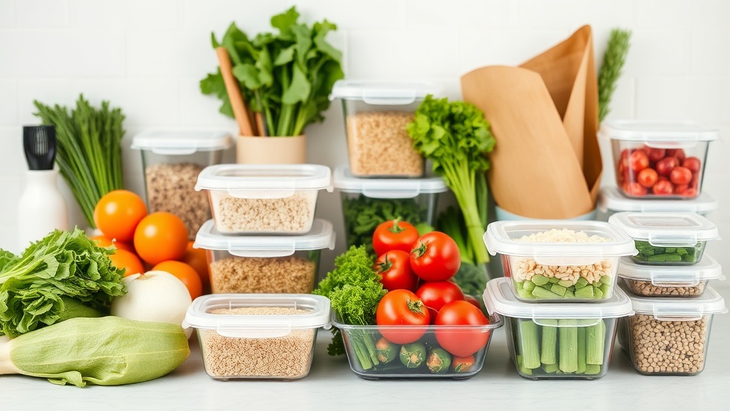 Organized kitchen countertop with fresh ingredients for vegetarian meal prep