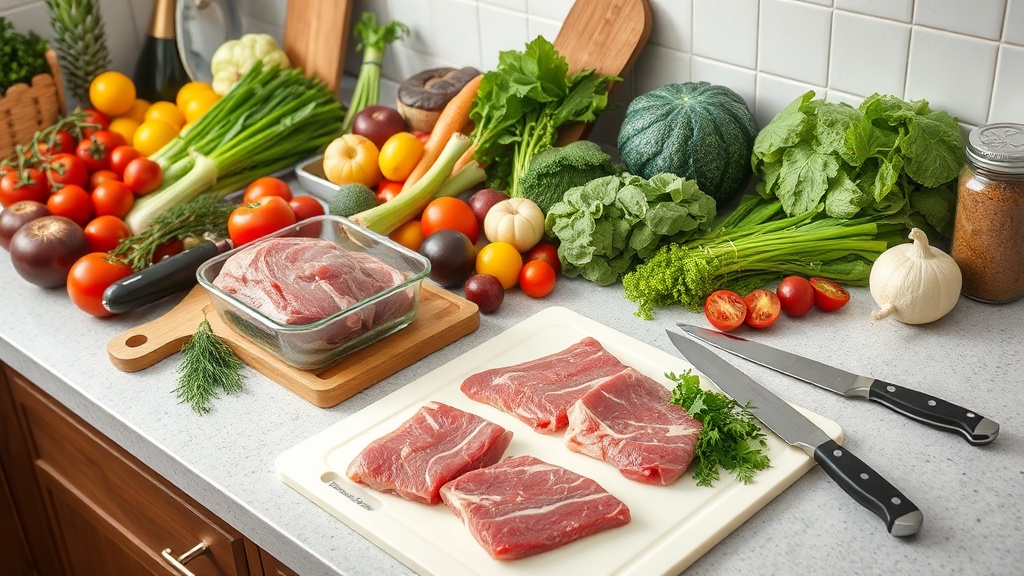 Organized kitchen countertop with fresh ingredients and modern prep tools