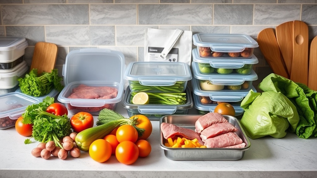 Organized kitchen countertop with fresh meal prep ingredients