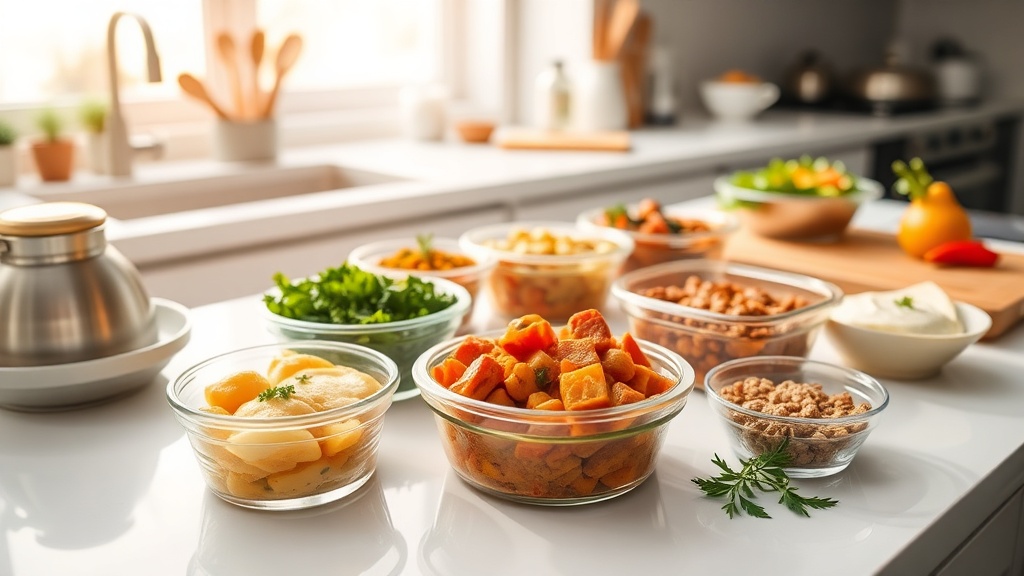 Savory breakfast meal prep scene on a kitchen countertop