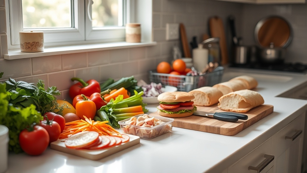 Organized kitchen countertop with fresh sandwich ingredients