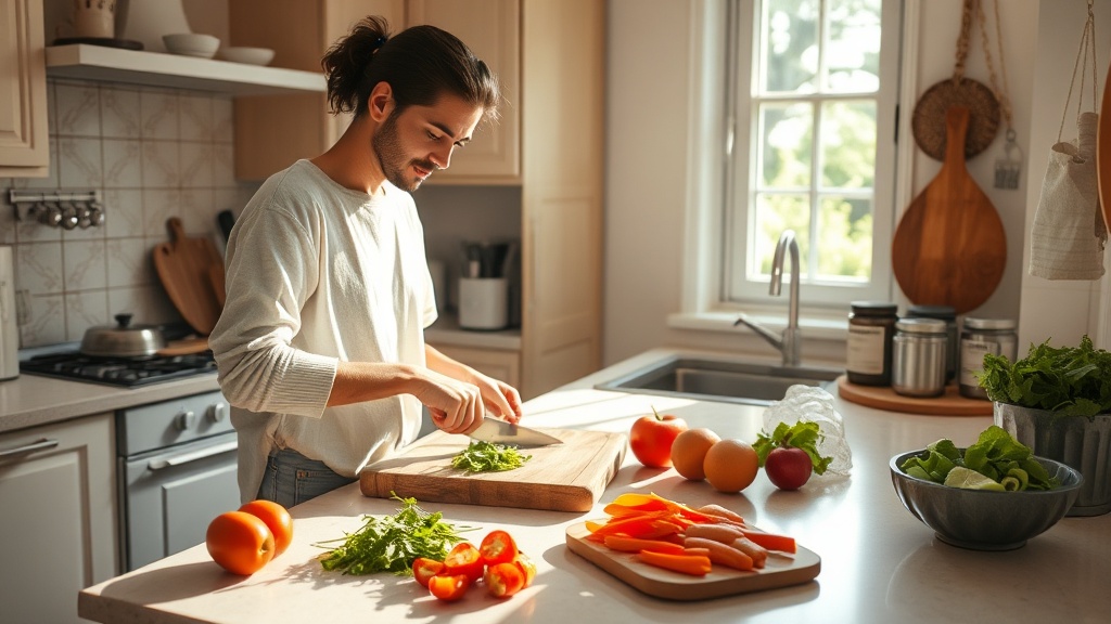 A person cooking alone in a tidy kitchen, focusing on meal prep for one.