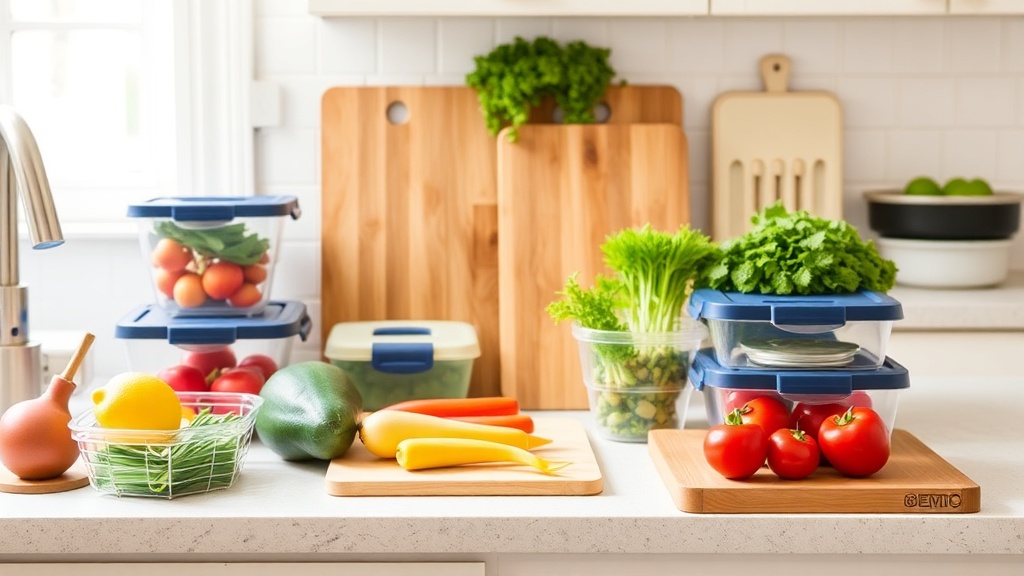 Organized kitchen countertop with fresh ingredients for meal prep