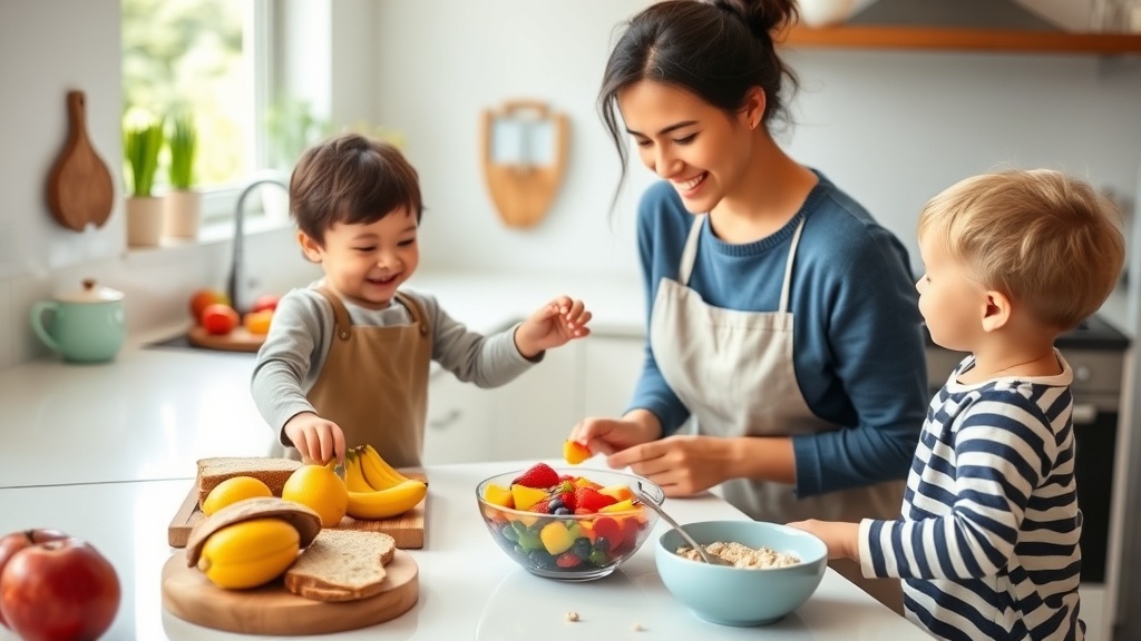 Parent preparing a nutritious breakfast for a toddler in a bright kitchen