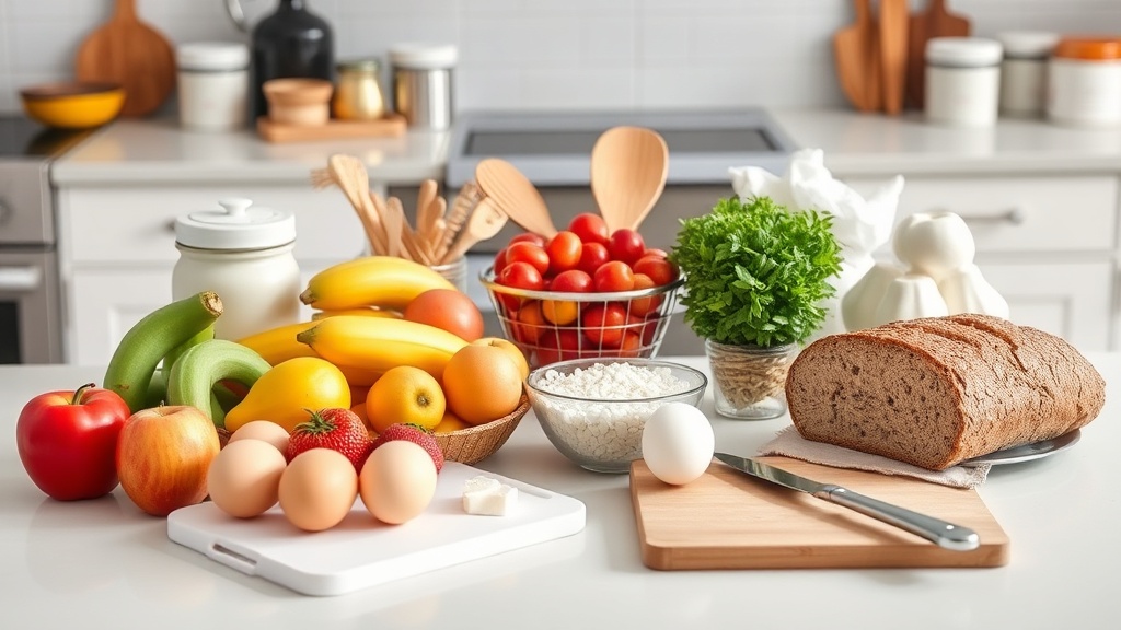Organized kitchen countertop with fresh breakfast ingredients